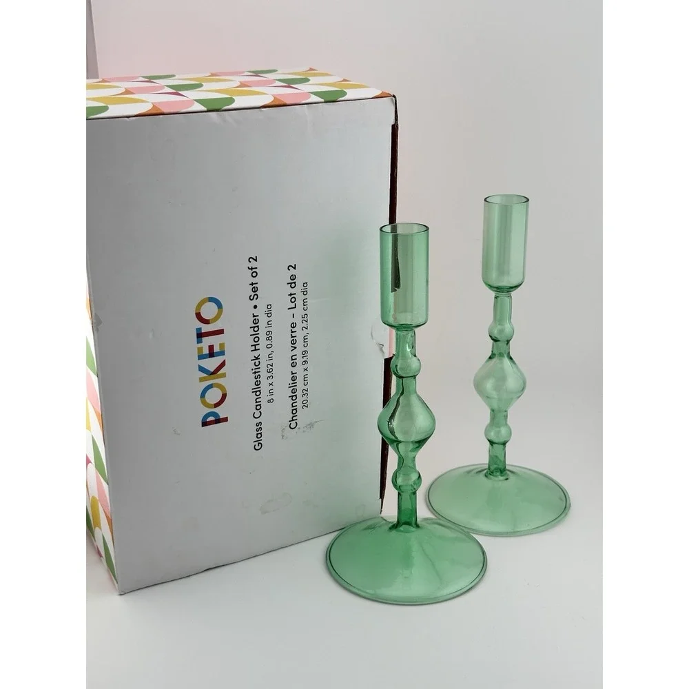 POKETO Green Handmade Glass Taper Candlestick Holder Set Of 2 NOS Open Box‎
